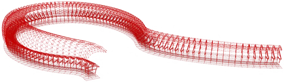 Foundation study of the stadium: the roof lattice traced down to its support conditions.