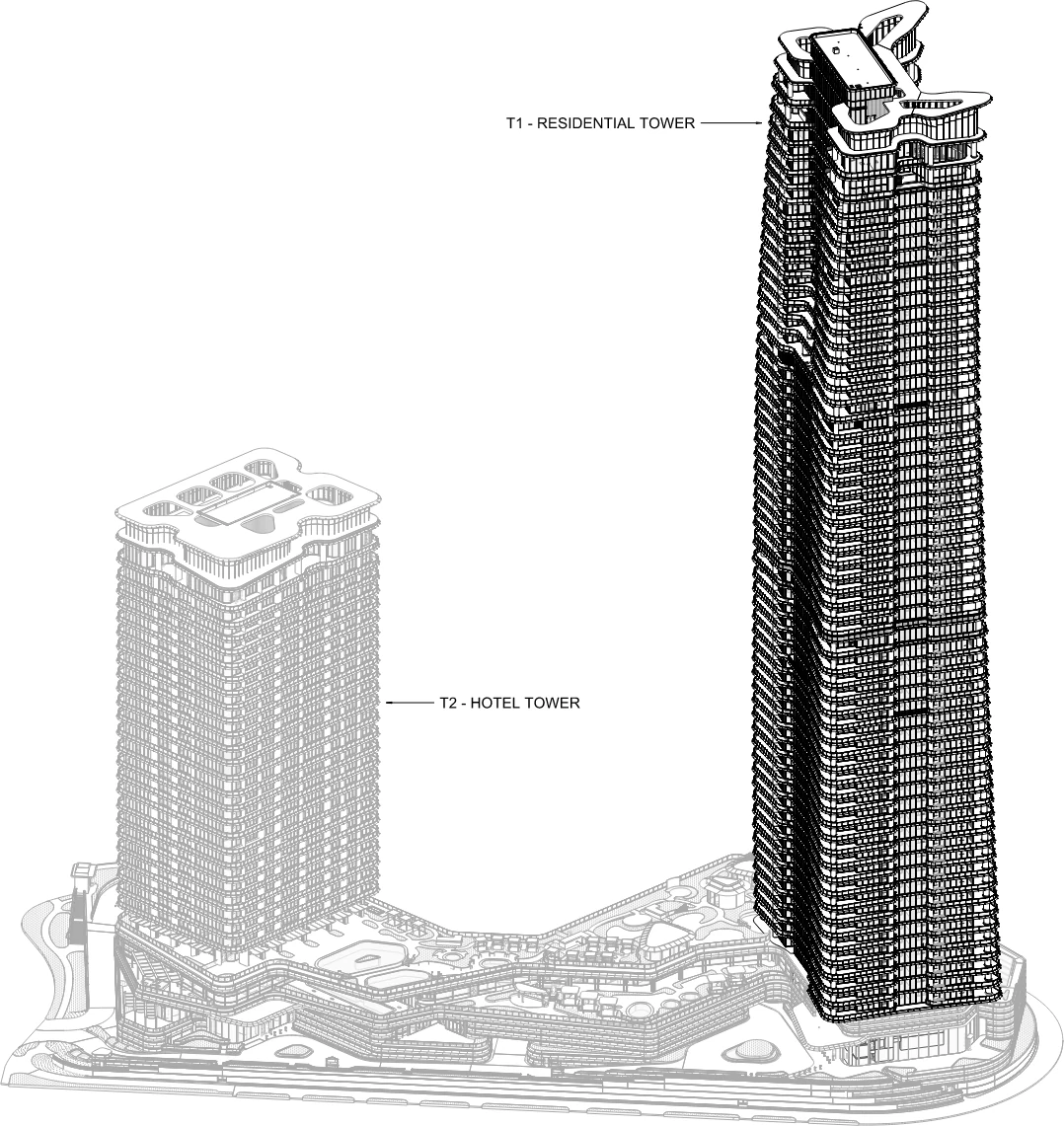 Line drawing of the two Miami towers: the sixty-four floor residential tower beside the thirty-one floor hotel.